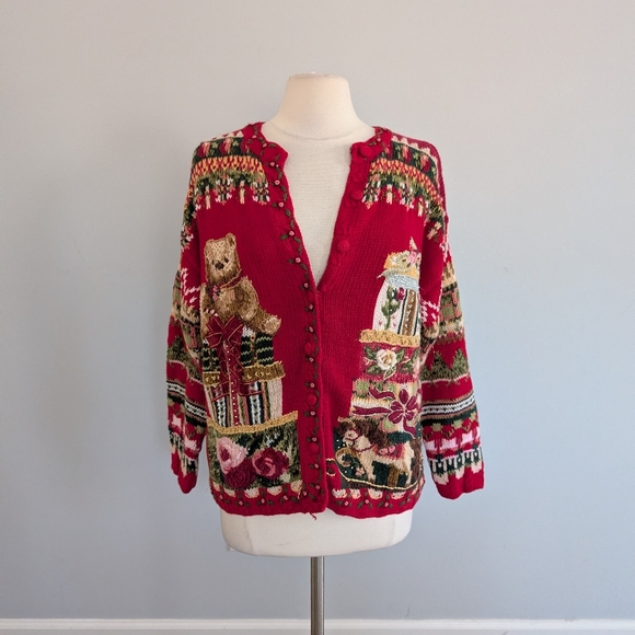 Women's Vintage Tiara Collection Teddy Bear Red Flower Sweater Cardigan - Picture 7 of 7